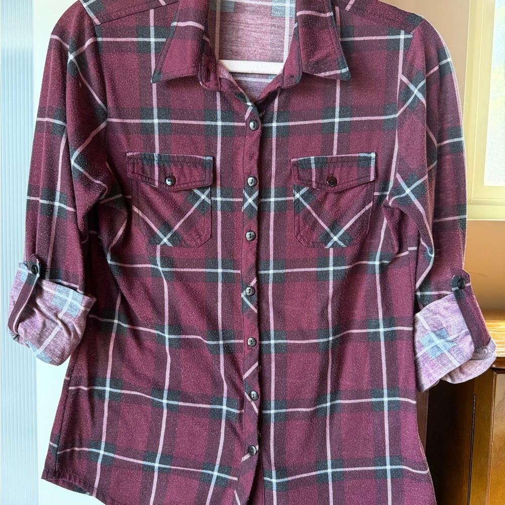 Burgundy and Dark Gray Plaid Button-Up Shirt